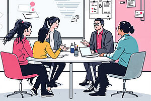 Gezeichnete Beratungssituation: Fünf Menschen sitzen an einem Tisch