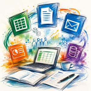 Handgezeichnete, farbenfrohe Illustration eines modernen Arbeitsplatzes mit Laptop, Notizbuch und Kaffeetasse im Vordergrund. Um den Laptop herum schweben abstrahierte Symbole für Büroarbeit und digitale Anwendungen, darunter Tabellen-, Dokument- und E-Mail-ähnliche Icons sowie Diagramme und Zahnräder. Die Szene wirkt dynamisch und kreativ und steht sinnbildlich für Lernen, Organisation und den Umgang mit Bürosoftware in Schulungen und Kursen.