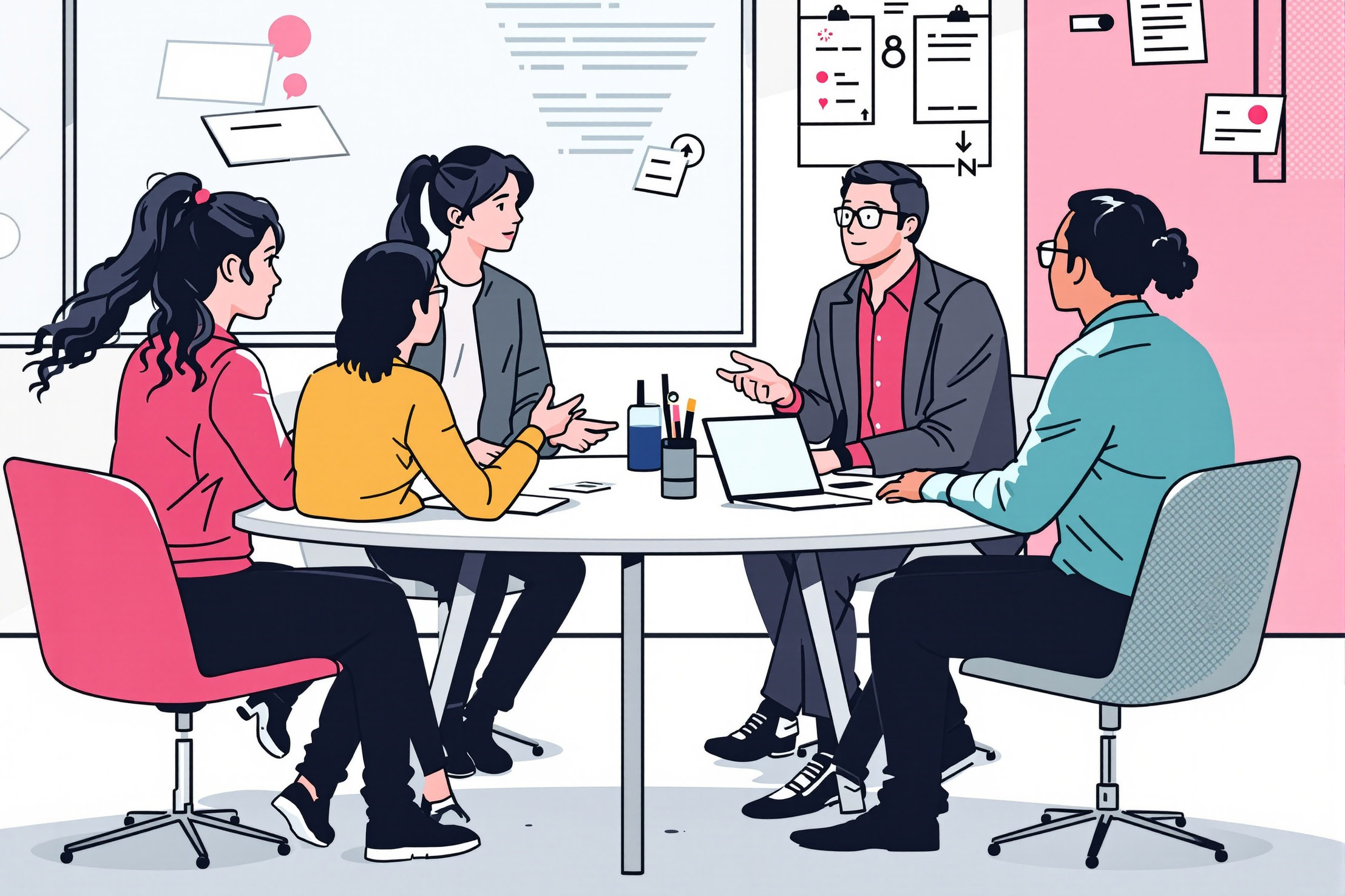 Gezeichnete Beratungssituation: Fünf Menschen sitzen an einem Tisch